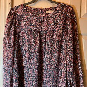 NWOT Women's LOFT Pleated Long Sleeve Blouse - Pink, Navy, & Gold - Medium